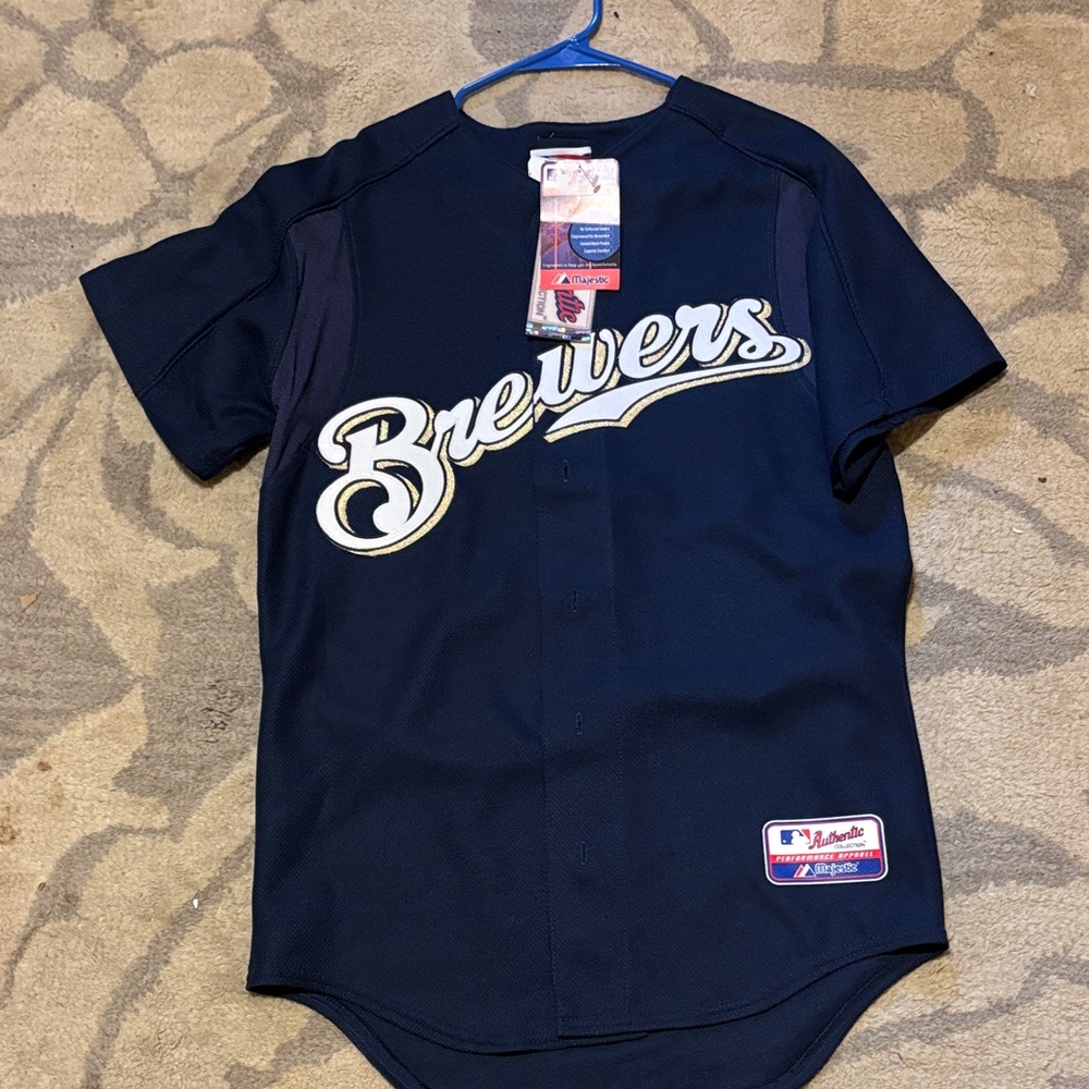 Majestic Navy Brewers Kids Jersey with White & Gold Script